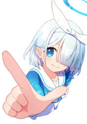 Rule 34 | 1girl, afnroll, aqua eyes, arona (blue archive), blue archive, blue eyes, blue hair, bow, closed mouth, from above, hair bow, hair over one eye, halo, highres, light blue hair, long bangs, looking at viewer, pointing, pointing at viewer, school uniform, smile, smug, solo