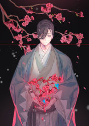 Rule 34 | 1boy, :|, ahoge, black background, black hair, blue butterfly, blue jacket, branch, bug, butterfly, cherry blossoms, closed mouth, cowboy shot, fate/grand order, fate (series), flower, fuyuhi tsukika, gloves, grey hakama, grey kimono, hair over one eye, hair pulled back, hakama, haori, highres, holding, holding petal, insect, jacket, japanese clothes, kimono, looking at viewer, male focus, partially fingerless gloves, petals, pink flower, purple eyes, shinsengumi, short hair, single glove, snowing, solo, straight-on, yamanami keisuke (fate)