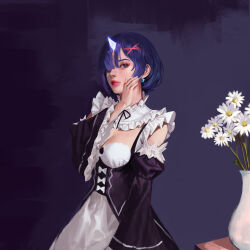 Rule 34 | 1girl, absurdres, apron, black dress, black ribbon, blue eyes, blue gemstone, blue hair, bow, breasts, cleavage, closed mouth, collar, commentary, cowboy shot, detached collar, detached sleeves, dress, earrings, english commentary, fieryonion, flower, flower pot, frilled sleeves, frills, gem, glowing horns, hair ornament, hair over one eye, hand up, highres, horns, jewelry, lips, long sleeves, looking at viewer, maid, neck ribbon, one eye covered, puffy detached sleeves, puffy sleeves, re:zero kara hajimeru isekai seikatsu, rem (re:zero), ribbon, roswaal mansion maid uniform, short hair, single horn, small breasts, solo, underbust, waist apron, white apron, white bow, white collar, white flower, wide sleeves, x hair ornament