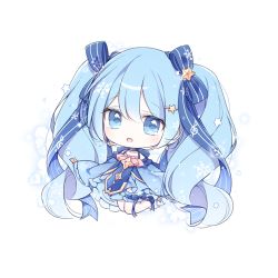 Rule 34 | 1girl, :d, blue bow, blue dress, blush, bow, chibi, commentary, dress, full body, hair between eyes, hair bow, hair ornament, hairclip, hatsune miku, long hair, long sleeves, looking at viewer, mattang, open mouth, sleeves past fingers, sleeves past wrists, smile, solo, star (symbol), star hair ornament, striped, striped bow, symbol-only commentary, twintails, very long hair, vocaloid, white background, yuki miku, yuki miku (2017)