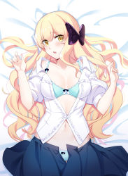 Rule 34 | 1girl, absurdres, aer (tengqiu), blonde hair, blouse, blue skirt, blush, bra, bra strap, breasts, cleavage, collarbone, hair between eyes, hair ribbon, highres, long hair, looking at viewer, medium breasts, navel, open clothes, open mouth, open shirt, panties, princess connect!, ribbon, saren (princess connect!), saren (real) (princess connect!), shirt, simple background, skirt, solo, underwear, white shirt, yellow eyes
