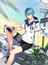 Rule 34 | 1boy, ahoge, arm support, bare legs, beach, black footwear, black shorts, blue eyes, blue hair, bottle, bracelet, closed mouth, closers, coconut tree, foot out of frame, hair between eyes, highres, holding, holding bottle, hood, hood down, hooded jacket, jacket, jewelry, male focus, nata (closers), necklace, ocean, official art, on bench, palm tree, plant, road sign, sand castle, sand sculpture, short hair, short sleeves, shorts, sign, sitting, solo, sweat, tree, v-shaped eyebrows, water bottle, white jacket, wristband