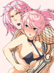 Rule 34 | 1boy, 1girl, age difference, blush, breasts, diavolo, embarrassed, father and daughter, green eyes, hetero, holding, incest, jojo no kimyou na bouken, large breasts, long hair, pink hair, short hair, sideboob, simple background, size difference, spoilers, tattoo, trish una, wristband, yellow eyes
