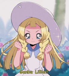 Rule 34 | !, !!, &gt;:), 1990s (style), 1girl, blonde hair, blue eyes, braid, bush, clenched hands, creatures (company), dress, film grain, flower, game freak, hat, lillie (pokemon), long hair, looking at viewer, nintendo, outdoors, pokemon, pokemon sm, retro artstyle, sleeveless, sleeveless dress, smile, solo, sparkle, subtitled, sun hat, text focus, twin braids, v-shaped eyebrows