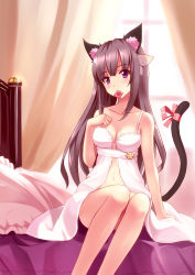 Rule 34 | 10s, 1girl, akemi homura, animal ears, bed, black hair, breasts, cat ears, cat tail, condom, condom in mouth, highres, kemonomimi mode, long hair, mahou shoujo madoka magica, mahou shoujo madoka magica (anime), midriff, mouth hold, navel, nightgown, no bra, no panties, pillow, purple eyes, revealing clothes, ribbon, sitting, solo, tail, tail ornament, tail ribbon, yuj (moemarket)