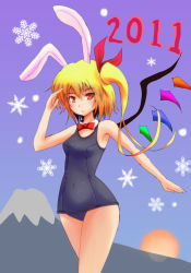 Rule 34 | 10s, 1girl, 2011, animal ears, bad id, bad pixiv id, blonde hair, bow, bowtie, collar, female focus, flandre scarlet, gradient background, mount fuji, one-piece swimsuit, outdoors, rabbit ears, red eyes, school swimsuit, short hair, side ponytail, sky, snowflakes, solo, sumapan, sun, swimsuit, touhou, wings