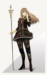Rule 34 | 1girl, black legwear, boots, brown hair, fantasy, full body, hand on own face, original, polearm, pouch, radram, solo, standing, weapon, white background