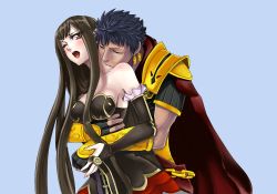 Rule 34 | 1boy, 1girl, ;o, armor, bare shoulders, black dress, black gloves, black hair, blue background, blue hair, blush, breasts, brown eyes, brown hair, caligula (fate), cape, chain, couple, dress, earrings, elbow gloves, closed eyes, fate/apocrypha, fate/grand order, fate (series), frills, gloves, hetero, highres, hug, hug from behind, jewelry, kiss, large breasts, long hair, medium breasts, moaning, neck, kissing neck, one eye closed, open mouth, pointy ears, round teeth, semiramis (fate), short hair, simple background, standing, strapless, strapless dress, teeth, type-moon, very long hair