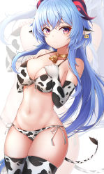 Rule 34 | 1girl, absurdres, animal ears, animal print, bare shoulders, bell, bikini, blue hair, blush, breasts, cleavage, cow ears, cow girl, cow print, cow tail, cowbell, cowboy shot, ear tag, elbow gloves, ganyu (genshin impact), genshin impact, gloves, goat horns, half-closed eyes, hands on own chest, highres, horns, large breasts, looking at viewer, nahanmin, navel, purple eyes, side-tie bikini bottom, solo, swimsuit, tail, thick thighs, thighhighs, thighs, white bikini
