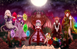Rule 34 | 6+girls, adapted costume, aldehyde, apron, arm up, aura, bad id, bad pixiv id, bat wings, between fingers, blonde hair, blue dress, blue eyes, blue hair, bow, braid, china dress, chinese clothes, clock, crescent, crystal, dress, dress shirt, embodiment of scarlet devil, female focus, fighting stance, flandre scarlet, floating, flower, frills, full moon, gloves, glowing, glowing wings, hair bow, hat, hat bow, head wings, holding, hong meiling, hugging own legs, izayoi sakuya, knife, koakuma, large bow, long hair, long sleeves, looking at viewer, maid, maid apron, maid headdress, moon, multiple girls, necktie, patchouli knowledge, purple dress, purple eyes, purple hair, red eyes, red hair, remilia scarlet, roman numeral, rose, scarlet devil mansion, shirt, short hair, short sleeves, side ponytail, side slit, silver hair, sitting, skirt, skirt set, sky, smile, star (sky), star (symbol), starry sky, striped clothes, striped dress, touhou, twin braids, v arms, vertical stripes, very long hair, vest, waist apron, white shirt, wings
