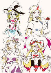 Rule 34 | 2018, 4girls, apron, bat wings, black hat, black vest, blonde hair, bow, braid, buttons, chain, closed mouth, collared shirt, color connection, cuffs, cup, dated, dress, elis (touhou), eyebrows, facial mark, facing viewer, flower, frown, grin, hair between eyes, hair bow, hair color connection, hair flower, hair ornament, hat, hat ribbon, highres, holding, holding cup, holding wand, horns, hoshiguma yuugi, kirisame marisa, long hair, long sleeves, multiple girls, oni horns, open clothes, open vest, parted bangs, pink scarf, puffy short sleeves, puffy sleeves, purple dress, purple eyes, purple ribbon, red bow, red eyes, red neckwear, ribbon, sakazuki, scarf, shikido (khf), shirt, short sleeves, side braid, simple background, single braid, single horn, smile, star (symbol), teeth, touhou, touhou (pc-98), undershirt, upper body, vest, waist apron, wand, watatsuki no toyohime, wavy hair, white apron, white background, white bow, white hat, white shirt, wings, witch, witch hat, yellow eyes