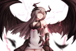Rule 34 | 1girl, armor, bare shoulders, black wings, blurry, blurry background, blurry foreground, breasts, brown hair, character request, cleavage, cleavage cutout, closed mouth, clothing cutout, commentary, copyright request, covered navel, demon girl, demon horns, depth of field, dress, electricity, english commentary, eyeshadow, feathers, gauntlets, glowing, highres, horns, long hair, looking ahead, makeup, medium breasts, motion blur, nose, nostrils, ony saputra, pink eyes, red eyeshadow, short dress, solo, very long hair, weapon, white background, wings