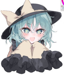 Rule 34 | 1girl, black hat, blouse, blue eyes, blue hair, blush, bow, collared shirt, cropped torso, frilled shirt collar, frilled sleeves, frills, happy, hat, hat bow, hat ribbon, komeiji koishi, long sleeves, looking at viewer, open mouth, ribbon, rori82li, shirt, simple background, sleeves past fingers, sleeves past wrists, solo, touhou, upper body, white background, yellow bow, yellow ribbon, yellow shirt