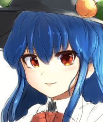 Rule 34 | 1girl, black headwear, blue hair, blush, closed mouth, collared shirt, commentary request, food, fruit, hair between eyes, hinanawi tenshi, long hair, looking at viewer, peach, portrait, red eyes, red neckwear, shirt, sidelocks, simple background, smile, solo, touhou, uisu (noguchipint), white background, white shirt