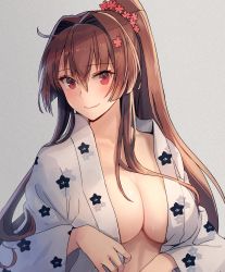 Rule 34 | 1girl, blush, breasts, brown eyes, brown hair, cleavage, closed mouth, flower, hair between eyes, hair flower, hair ornament, highres, japanese clothes, kantai collection, kasumi (skchkko), kimono, large breasts, long hair, long sleeves, no bra, pink flower, ponytail, simple background, solo, upper body, white background, wide sleeves, yamato (kancolle), yukata