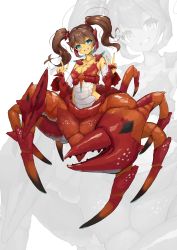 Rule 34 | 1girl, absurdres, arthropod girl, arthropod limbs, bare shoulders, blue eyes, blush, breasts, brown hair, carapace, claws, cleavage, collarbone, commentary request, crab claw, crab girl, double v, full body, grin, hair between eyes, hands up, head tilt, highres, long hair, looking at viewer, medium breasts, midriff, monster girl, nail polish, original, pincers, red nails, shitoi (aqua1487), sidelocks, smile, solo, standing, taur, teeth, twintails, v, white background, zoom layer