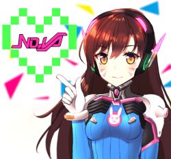 Rule 34 | 1girl, animal print, armor, blush, bodysuit, bracer, breasts, breasts apart, brown eyes, brown hair, chamnaitu, character name, character name in heart, d.va (overwatch), eyebrows, facepaint, facial mark, gloves, hand up, headphones, heart, high collar, long hair, looking at viewer, overwatch, overwatch 1, pauldrons, pilot suit, pixel heart, rabbit print, shoulder armor, shoulder pads, small breasts, smile, solo, turtleneck, upper body, whisker markings, white gloves