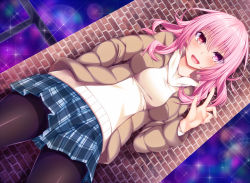 Rule 34 | 1girl, :d, black pantyhose, blush, breasts, brick wall, dutch angle, eyebrows, heart, heart-shaped pupils, heterochromia, jacket, looking at viewer, medium breasts, mirei-san (suterii), open mouth, original, pantyhose, pink eyes, pink hair, plaid, plaid skirt, red eyes, short hair, skirt, smile, solo, sparkle, suterii, symbol-shaped pupils