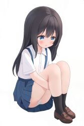 Rule 34 | 1girl, :o, black hair, black socks, blue eyes, blue skirt, blush, brown footwear, commentary, crotch seam, dress shirt, highres, hugging own legs, loafers, long hair, looking to the side, miniskirt, open mouth, original, panties, pantyshot, pleated skirt, shirt, shoes, short sleeves, simple background, sitting, skirt, socks, solo, suspender skirt, suspenders, totorin7124, underwear, uniform, white background, white panties, white shirt, wing collar