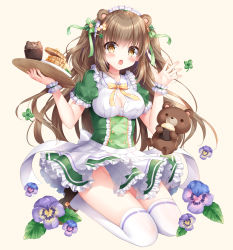 Rule 34 | 1girl, animal ears, bear ears, blue flower, blush, bow, breasts, brown background, brown eyes, brown footwear, brown hair, chestnut mouth, cleavage, collared shirt, commentary request, cupcake, dress shirt, flower, food, frilled skirt, frills, full body, hair between eyes, highres, holding, holding tray, kohinata hoshimi, long hair, looking at viewer, maid headdress, medium breasts, no panties, open mouth, original, pancake, pancake stack, pansy, pleated skirt, purple flower, purple pansy, shirt, shoes, simple background, skirt, solo, stuffed animal, stuffed toy, teddy bear, thighhighs, tray, very long hair, waitress, white shirt, white skirt, white thighhighs, yellow bow