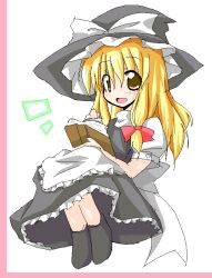 Rule 34 | 1girl, :d, ^^^, apron, black footwear, black hat, black skirt, black vest, blonde hair, book, border, bow, brown eyes, female focus, frilled apron, frills, full body, hair bow, hat, hat bow, holding, holding book, kirisame marisa, long hair, looking at viewer, open book, open mouth, puffy short sleeves, puffy sleeves, shirt, shoes, short sleeves, sitting, sketch, skirt, smile, solo, take tonbo, touhou, turtleneck, vest, waist apron, white apron, white background, white bow, white shirt, witch hat