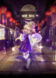 Rule 34 | 1girl, :d, arch, banner, black footwear, blonde hair, brown hat, cis (carcharias), crown, dress, female focus, festival, from behind, full body, full moon, hair ribbon, hat, lampion, long hair, long sleeves, looking at viewer, looking back, mary janes, moon, moriya suwako, night, night sky, open mouth, outdoors, pink eyes, purple dress, red ribbon, ribbon, running, shoe soles, shoes, silhouette, sky, smile, solo, solo focus, stone floor, thighhighs, torii, touhou, white thighhighs, wide sleeves, zettai ryouiki
