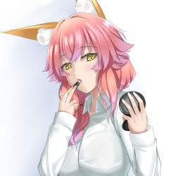 Rule 34 | 1girl, absurdres, animal ear fluff, animal ears, collared shirt, dress shirt, fate/extra, fate (series), fox ears, hair between eyes, hand mirror, highres, holding, kamehito, makeup, mirror, open mouth, pink hair, pink lipstick tube, shirt, short hair, simple background, solo, tamamo (fate), tamamo no mae (fate/extra), upper body, white background, white shirt, wing collar, yellow eyes