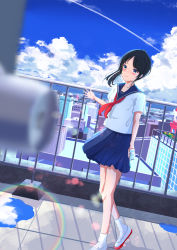 Rule 34 | 1girl, black hair, blue eyes, blue sailor collar, blue skirt, blue sky, blush, cellphone, city, cityscape, closed mouth, cloud, commentary request, full body, highres, holding, holding phone, long hair, original, outdoors, phone, ponytail, puddle, railing, reflection, rooftop, sailor collar, sayu020401, scenery, school uniform, serafuku, shoes, short sleeves, skirt, sky, smartphone, socks, standing, summer, sweatdrop, uniform, uwabaki, white footwear, white serafuku, white socks