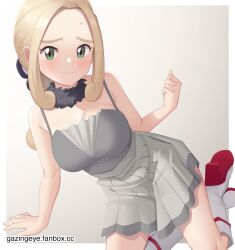 Rule 34 | 1girl, arm support, bare arms, black collar, blonde hair, blush, boots, border, breasts, camera, cleavage, clenched hand, closed mouth, collar, creatures (company), eyelashes, fur collar, game freak, gazing eye, green eyes, grey background, grey shirt, grey skirt, hand up, highres, holding strap, knee boots, kneeling, leaning, leaning to the side, long hair, medium breasts, mixed-language commentary, nintendo, pleated skirt, pokemon, pokemon masters ex, raised eyebrows, shirt, shoe soles, sidelocks, skirt, sleeveless, sleeveless shirt, solo, sweat, viola (holiday 2023) (pokemon), viola (pokemon), watermark, web address, white border