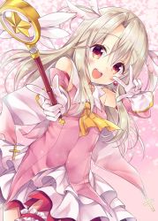 Rule 34 | 1girl, bare shoulders, blush, breasts, dress, earrings, elbow gloves, fate/kaleid liner prisma illya, fate (series), feather hair ornament, feathers, gloves, hair between eyes, hair ornament, hand gesture, holding, holding wand, illyasviel von einzbern, jewelry, kaleidostick, long hair, looking at viewer, magical girl, magical ruby, open mouth, pink background, pink dress, prisma illya, red eyes, sasorigatame, small breasts, smile, solo, sparkle, two side up, v over eye, w, wand, white gloves, white hair