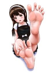 Rule 34 | 1girl, bare legs, barefoot, blush, brown eyes, brown hair, collarbone, commission, feet, foot focus, foreshortening, hairband, highres, leg up, long hair, looking at viewer, open mouth, original, shirt, sitting, smile, soles, thighs, toes, uriens, white hairband, white shirt