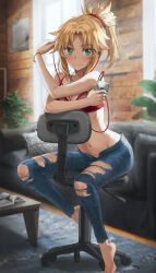 Rule 34 | 1girl, blonde hair, blue pants, blush, bra, bracelet, braid, breasts, cellphone, chair, collarbone, denim, earbuds, earphones, fang, fate/apocrypha, fate (series), french braid, green eyes, highres, jeans, jewelry, long hair, looking at viewer, mordred (fate), mordred (fate/apocrypha), navel, pants, parted bangs, phone, ponytail, red bra, revision, sidelocks, sitting, small breasts, smile, solo, tonee, torn clothes, torn jeans, torn pants, underwear