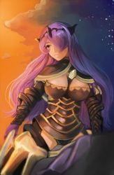 Rule 34 | 1girl, armor, artist request, breasts, camilla (fire emblem), circlet, cleavage, fire emblem, fire emblem fates, gradient background, hair over one eye, highres, long hair, nintendo, purple hair, riding, smile, solo, sunset