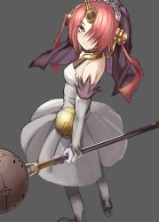 Rule 34 | 1girl, akira (aristole), detached sleeves, dress, fate/apocrypha, fate (series), frankenstein&#039;s monster (fate), gloves, grey background, hair over one eye, holding, holding weapon, horns, looking at viewer, looking back, pleated dress, red hair, short dress, short hair, simple background, single horn, sleeveless, sleeveless dress, solo, standing, weapon, white dress, white gloves, white legwear, yellow eyes