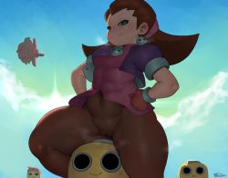 Rule 34 | 1girl, absurdres, artist name, brown hair, cameltoe, clitoris, closed mouth, covered navel, earrings, forastero, green eyes, hair pulled back, hair slicked back, highres, jewelry, looking at viewer, medium hair, mega man (series), mega man legends (series), no panties, pantyhose, see-through, servbot (mega man), simple background, smile, steam, thick thighs, thighs, tron bonne (mega man), white background
