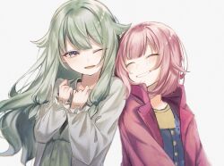 Rule 34 | 2girls, blue overalls, blush, closed eyes, dress, facing another, green dress, green hair, grey shirt, grin, hair between eyes, hands on own chest, highres, hood, hood down, hooded jacket, jacket, kusanagi nene, long hair, long sleeves, looking at another, multiple girls, nuko 0108, ootori emu, open clothes, open mouth, open shirt, overalls, own hands together, pink hair, pink jacket, project sekai, purple eyes, raised eyebrows, shirt, side-by-side, sidelocks, simple background, smile, teeth, upper body, white background