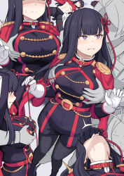 Rule 34 | 1boy, 1girl, anti-demon corps uniform, belt, black footwear, black hair, black jacket, blunt bangs, blush, boots, breasts, buttons, cape, clenched teeth, collar, double-breasted, gloves, grabbing, grabbing another&#039;s breast, grabbing from behind, hair ornament, head back, hetero, jacket, large breasts, leash, long hair, long sleeves, mato seihei no slave, multiple views, orgasm, purple eyes, red cape, shiseki hirame, teeth, thigh boots, tongue, tongue out, white gloves, yamashiro ren