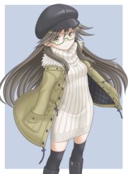 Rule 34 | 10s, 1girl, alternate costume, arashio (kancolle), bespectacled, black footwear, black thighhighs, boots, brown eyes, brown hair, cabbie hat, casual, coat, dress, glasses, green-framed eyewear, hand in pocket, hat, highres, jacket, kantai collection, knee boots, long hair, looking at viewer, matching hair/eyes, ribbed dress, semi-rimless eyewear, smile, solo, striped, sweater, t2r, thighhighs, turtleneck, turtleneck sweater, under-rim eyewear, vertical stripes, zipper