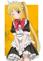 Rule 34 | 1girl, ;d, ahoge, alternate costume, apron, back bow, black dress, blonde hair, blush, bocchi the rock!, border, bow, bowtie, braid, clenched hand, closed mouth, commentary request, cowboy shot, crown braid, detached ahoge, dot nose, dress, enmaided, eyes visible through hair, frilled apron, frilled dress, frills, highres, ijichi nijika, long hair, looking at viewer, maid, maid apron, maid headdress, one eye closed, open mouth, orange eyes, outside border, own hands together, puffy short sleeves, puffy sleeves, purple bow, purple bowtie, riokasen, short dress, short sleeves, side ponytail, sidelocks, sleeve cuffs, smile, solo, v arms, very long hair, white apron, white border, white bow, white wristband, yellow background