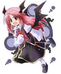 Rule 34 | 1girl, :d, armband, bat wings, black armband, black footwear, black skirt, black vest, black wings, book, hugging book, circle, collared shirt, commentary request, dot nose, dress shirt, dutch angle, full body, hair between eyes, head wings, holding, holding book, juliet sleeves, koakuma, loafers, long sleeves, looking at viewer, low wings, necktie, hugging object, open mouth, puffy sleeves, red eyes, red hair, red necktie, shirt, shoes, simple background, skirt, skirt set, smile, socks, solo, touhou, vest, white background, white shirt, white socks, wings, yuuhi alpha