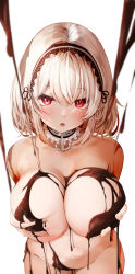 Rule 34 | 1girl, :o, absurdres, anchor choker, azur lane, blush, breasts, chocolate, chocolate on body, chocolate on breasts, collarbone, food on body, frilled hairband, frills, grabbing own breast, hair between eyes, hairband, highres, large breasts, looking at viewer, navel, neck garter, nude, open mouth, raru (nanaharararu), red eyes, short hair, simple background, sirius (azur lane), solo, white background, white hair