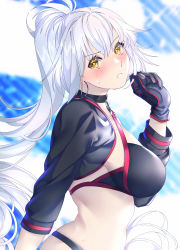 Rule 34 | 1girl, akapug621, bad id, bad pixiv id, bikini, black bikini, black choker, black gloves, black jacket, blush, choker, commentary request, cropped jacket, fate/grand order, fate (series), gloves, jacket, jeanne d&#039;arc alter (swimsuit berserker) (fate), jeanne d&#039;arc (fate), jeanne d&#039;arc alter (fate), jeanne d&#039;arc alter (swimsuit berserker) (fate), long hair, looking at viewer, looking to the side, ponytail, shrug (clothing), silver hair, solo, sweatdrop, swimsuit, very long hair, yellow eyes