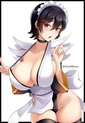Rule 34 | 1girl, black hair, black thighhighs, blue eyes, breasts, cleavage, curvy, detached sleeves, dootmoon, embarrassed, highleg, highleg leotard, highres, iroha (samurai spirits), large breasts, leotard, looking at viewer, maid, maid headdress, no bra, open mouth, revealing clothes, samurai spirits, simple background, snk, solo, thighhighs, thighs