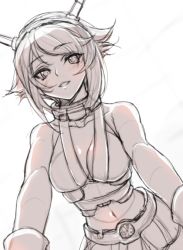 Rule 34 | 10s, breasts, cleavage, from below, iwamoto eiri, kantai collection, looking at viewer, monochrome, mutsu (kancolle), navel, open mouth, sketch, skirt