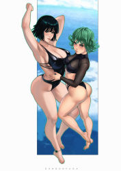 Rule 34 | 2girls, ankle strap, armpits, arms up, artist name, ass, barefoot, bikini, black bikini, black hair, breasts, cleavage, collarbone, curvy, dandon fuga, feet, female focus, floating, fubuki (one-punch man), full body, green eyes, green hair, highres, huge ass, large breasts, lips, looking at viewer, matching hair/eyes, multiple girls, one-piece swimsuit, one-punch man, realistic, short hair, siblings, sisters, swimsuit, tatsumaki, thong, toes, wide hips