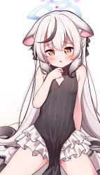 Rule 34 | 1girl, :o, absurdres, animal ear fluff, animal ears, bare arms, bare shoulders, black dress, black hair, blue archive, blush, breasts, brown eyes, commentary request, dress, gradient background, grey background, grey hair, hair between eyes, halo, hand up, highres, kokona (blue archive), layered skirt, long hair, looking at viewer, multicolored hair, parted lips, pleated skirt, setmen, shoes, skirt, sleeveless, sleeveless dress, small breasts, solo, streaked hair, very long hair, white background, white footwear, white skirt