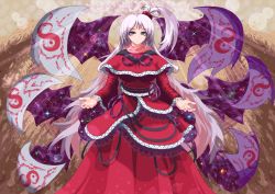 Rule 34 | capelet, demon wings, dress, grey eyes, hair bobbles, hair ornament, highres, infinity symbol, layered skirt, light rays, long hair, looking at viewer, multiple wings, nukekip, purple wings, red dress, ribbon, shinki (touhou), side ponytail, silver hair, skirt, solo, touhou, touhou (pc-98), turtleneck, white wings, wings