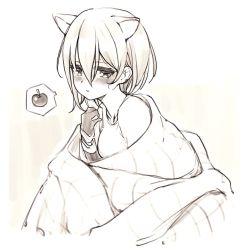 Rule 34 | 1girl, animal ears, apple, blanket, blush, breasts, brown hair, cat ears, collarbone, commentary, food, fruit, gloves, greyscale, hololive, looking at viewer, medium breasts, monochrome, nosir onadat, parted lips, roboco-san, roboco-san (high-spec t-shirt), shirt, short hair, solo, spoken food, upper body, virtual youtuber, yellow eyes