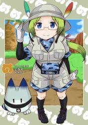 Rule 34 | 10s, 1girl, black-framed eyewear, black socks, blue eyes, bodystocking, bodysuit, breasts, bucket hat, camouflage, character name, closed mouth, facing viewer, glasses, gloves, green hair, hair ribbon, hat, hat feather, japari symbol, kemono friends, kneehighs, large breasts, long hair, low twintails, lucky beast (kemono friends), mirai (kemono friends), pink ribbon, poinikusu, pouch, purple footwear, ribbon, semi-rimless eyewear, shoes, short sleeves, smile, sneakers, socks, standing, twintails, under-rim eyewear, white gloves