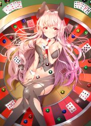 Rule 34 | 1girl, animal ears, black pantyhose, breasts, card (medium), choker, collarbone, demon tail, fake animal ears, from above, gradient hair, groin, highres, leotard, long hair, looking at viewer, lying, maze yuri, medium breasts, midriff, multicolored hair, navel, necktie, on back, orange eyes, original, pantyhose, pink hair, playboy bunny, rabbit ears, rabbit girl, red necktie, silver hair, solo, sparkle, stomach, tail, torn clothes, torn pantyhose, two-tone hair, very long hair, wrist cuffs